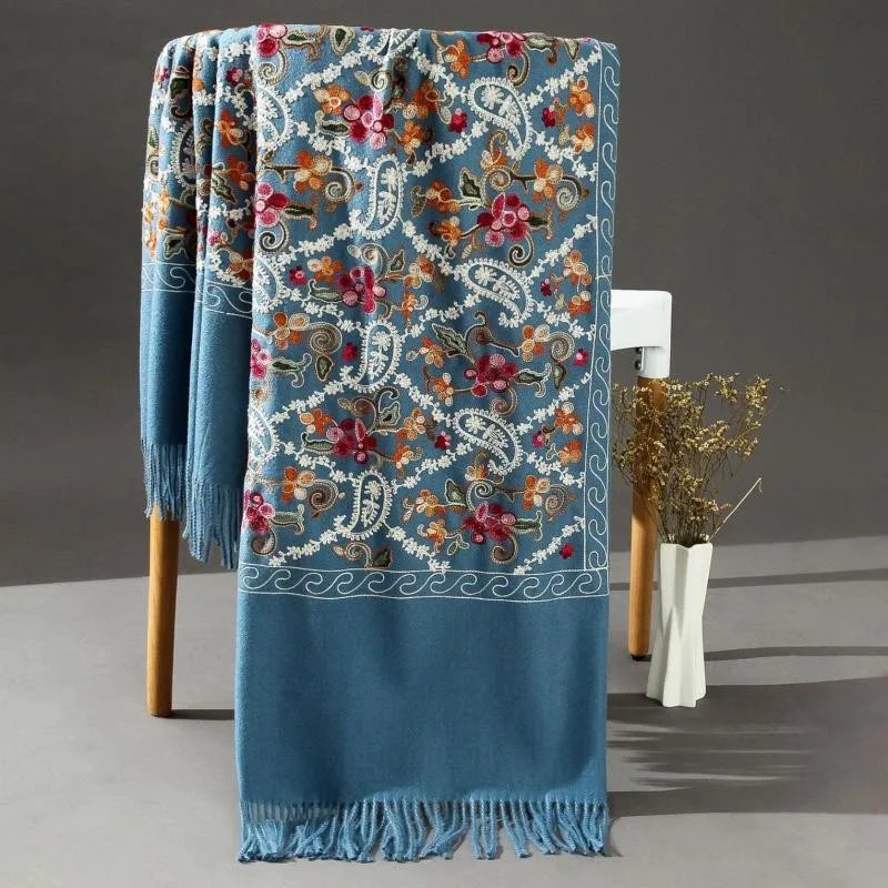 Pashmina Women Shawls Embroidery Flower Wrap Chal Soft Imitation Cashmere Mujer Bufanda Scarf Tassels Muffler Poncho Cape - Image 2