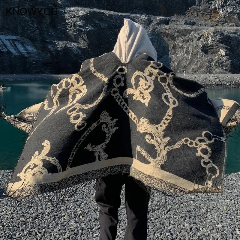 Trendy Male Coat Cape Coat Men Jacket Shawl Coat Warm Cashmere Blend Hooded Ponchos Men Autumn Winter Outwear Capes Wraps