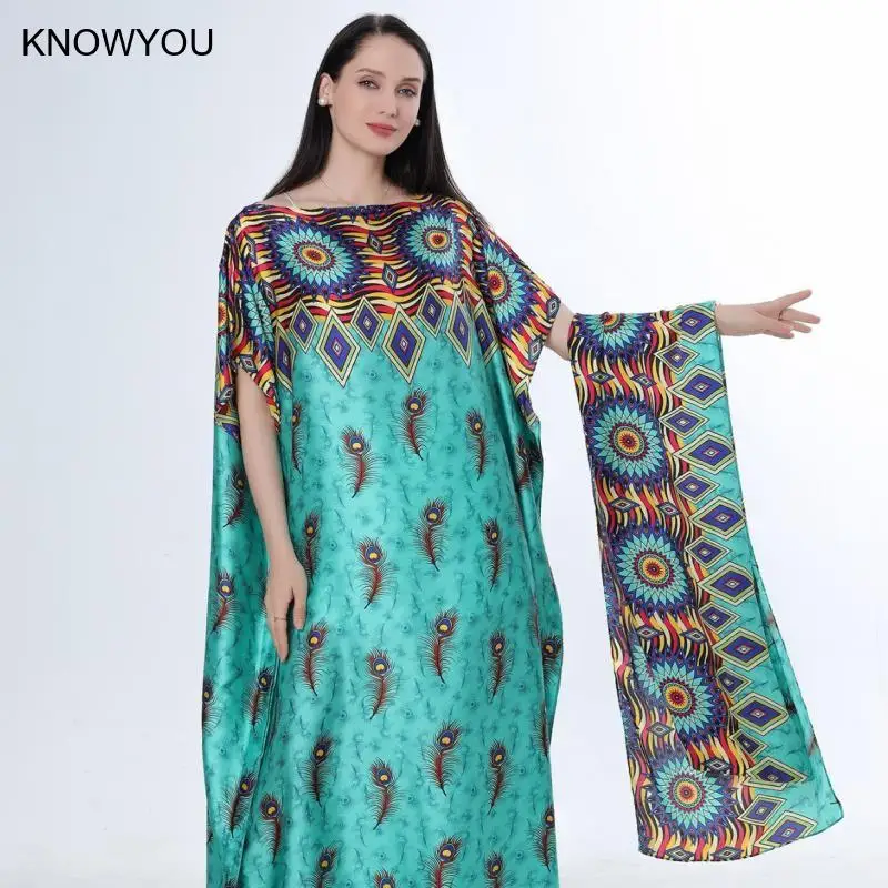 2Pc Faux Silk Loose Beach Cover Up Lady Beach Accessories Graffiti Printed African Dresses Kimono Robe Muslim Hijab Kaftan Abaya - Image 6