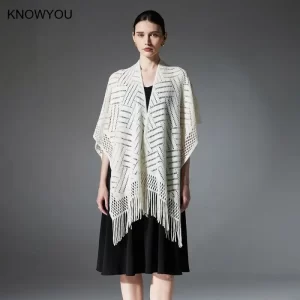 Elegant Tassel Hollow Out Shaw Women Spring Summer New Pashmina 110*140Cm Wraps Solid Cotton Scarves Evening Party Dress Cpae
