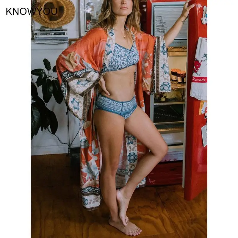 Women Bikini Cover-Ups Bohemian Printed Bikini Robe Print Crane Long Kimono Dress Beach Tunic Thin Sunscreen Cover Up - Image 3
