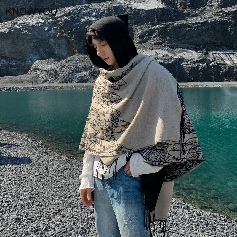 Vintage Tassel Cape Coat Fringe Poncho Men Coat Bohemian Shawl Scarf Warm Cashmere Blend Pashmina Print Capes Bigsize Shawl - Image 2