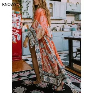 Women Bikini Cover-Ups Bohemian Printed Bikini Robe Print Crane Long Kimono Dress Beach Tunic Thin Sunscreen Cover Up