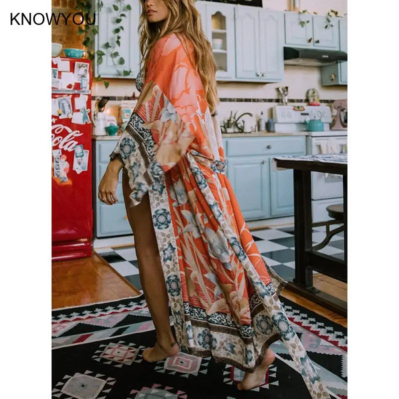 Women Bikini Cover-Ups Bohemian Printed Bikini Robe Print Crane Long Kimono Dress Beach Tunic Thin Sunscreen Cover Up