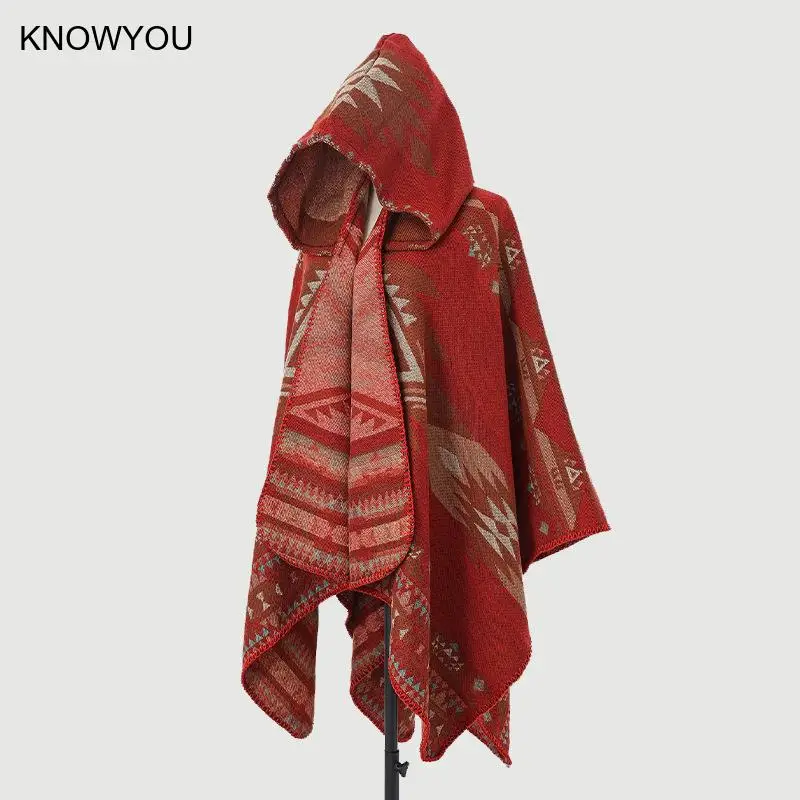 Mens Cloak Cashew Flower Hooded Scarf Vintage Ethic Style Jacket Imitation Cashmere Shawl Women's Outerwear Pashmina Ponchos - Image 6