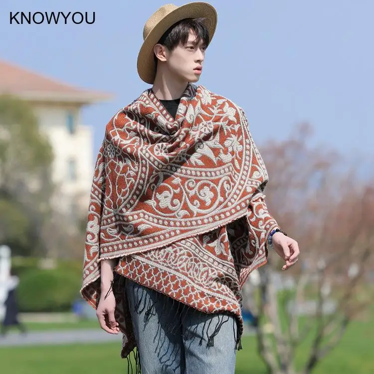 Poncho Man Jacquard Scarf Winter Warm Shawl Cape Pashmina Male Bohemian Shawl Blanket Stole Cloak Luxury Fashion Jacket - Image 4