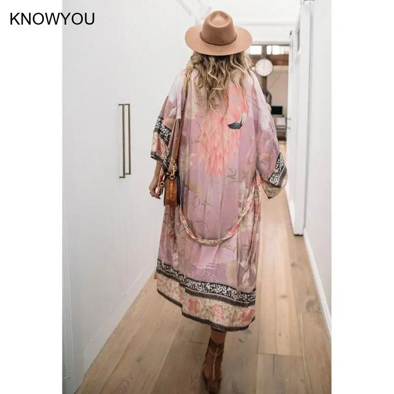 Women Bikini Cover-Ups Bohemian Printed Bikini Robe Print Crane Long Kimono Dress Beach Tunic Thin Sunscreen Cover Up - Image 5