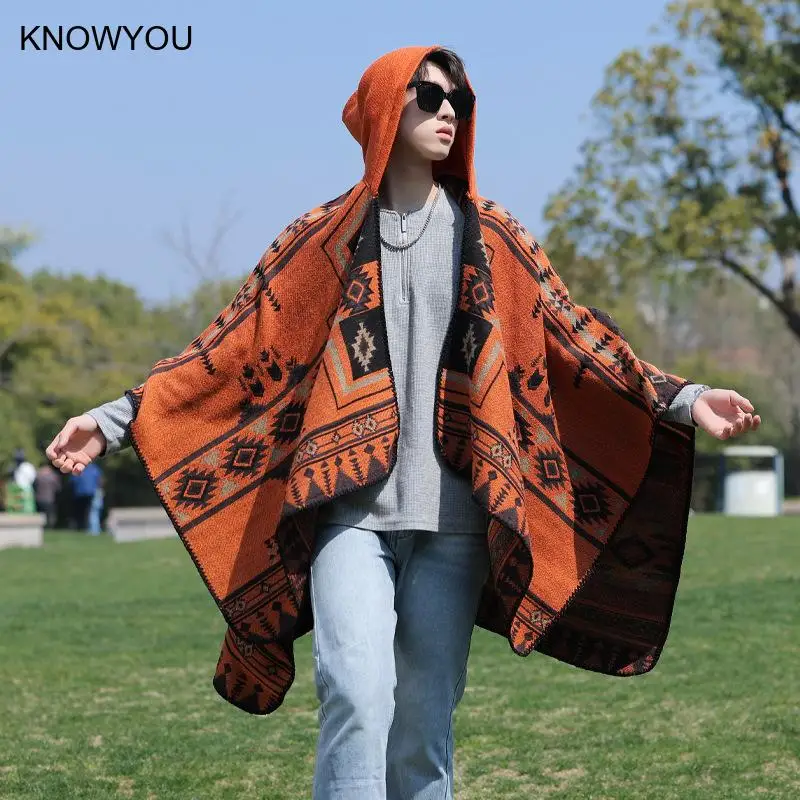 Men Autumn Winter Thickened Pashmina Print Cloak Artificial Cashmere National Style Travel Shawl Scarf Male Ponchos Capes - Image 3