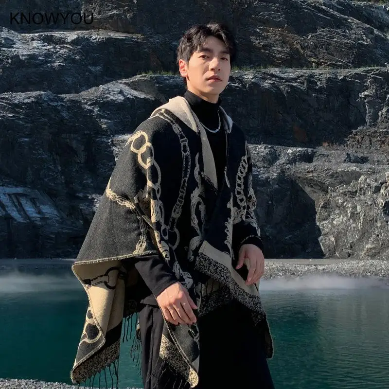 Trendy Male Coat Cape Coat Men Jacket Shawl Coat Warm Cashmere Blend Hooded Ponchos Men Autumn Winter Outwear Capes Wraps - Image 3