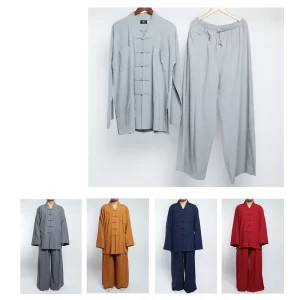 Cotton Line Monk Clothes Suits Chinese Traditional Outfit Loose Taoism Tibetan Clothes Button Down Top and Pants Buddhist Cloth