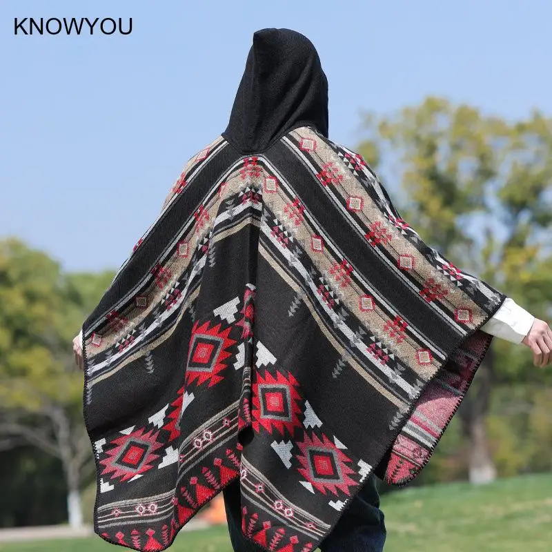Men Autumn Winter Thickened Pashmina Print Cloak Artificial Cashmere National Style Travel Shawl Scarf Male Ponchos Capes