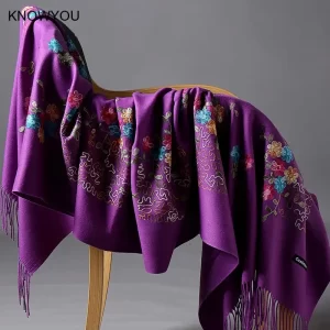 Embroider Flower Shawl Women Elegant Wrap Winter Autumn Artificial Cashmere Pashmina Big Size Blanket Chal Para Mujer Elegante