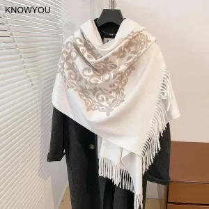 2024 Autumn Winter Warm Scarf Women Luxury Embroider Flower Bufanda Big Size Scarves Imitation Cashmere Poncho Female Pashmina