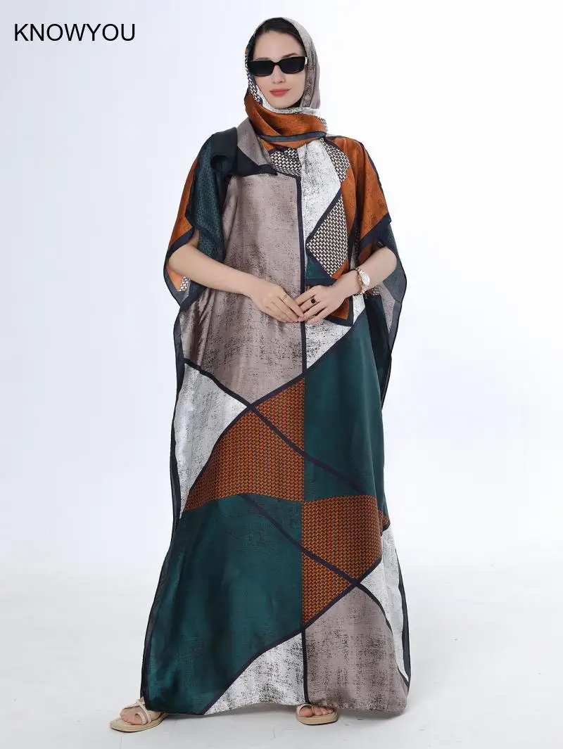 2Pc Faux Silk Loose Beach Cover Up Lady Beach Accessories Graffiti Printed African Dresses Kimono Robe Muslim Hijab Kaftan Abaya - Image 5