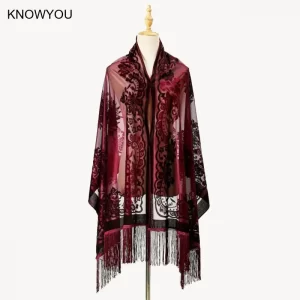 190*70Cm Shawls Luxury Velour Jacquard Pashmina Lady Elegant Evening Party Shawl Long Tassels Cape Women Qipao Echarpes