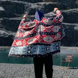 Man Print Ponchos Tassel Thickened Cashmere Blend Fork Shawl Hooded Warmth Scarf Autumn Capes Coats Adult Triangle Jacket