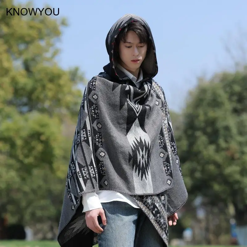 Mens Cloak Cashew Flower Hooded Scarf Vintage Ethic Style Jacket Imitation Cashmere Shawl Women's Outerwear Pashmina Ponchos - Image 3