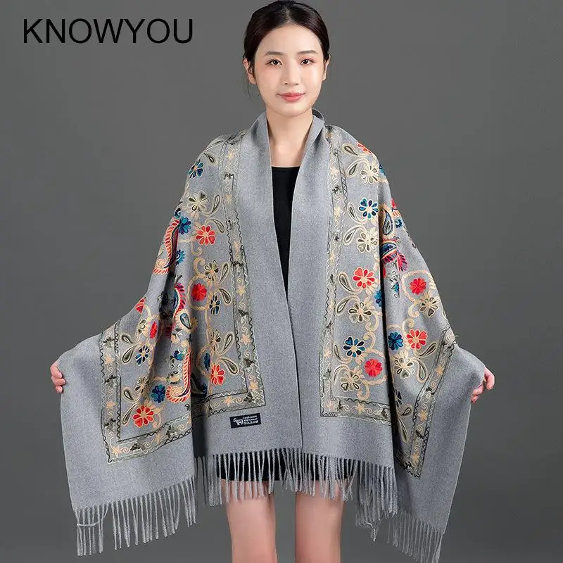 New Autumn 200*70Cm Winter Cashmere Pashmina Femme Embroidery Shawl Bufanda Travel Reversible Long Scarf Thick Warm Scarves Wrap - Image 2