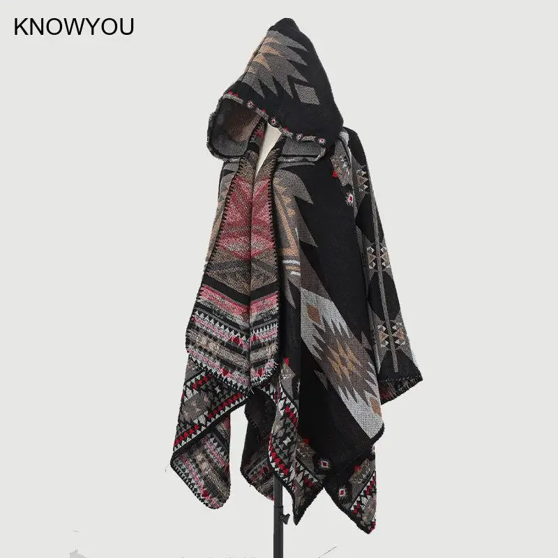 Mens Cloak Cashew Flower Hooded Scarf Vintage Ethic Style Jacket Imitation Cashmere Shawl Women's Outerwear Pashmina Ponchos - Image 4