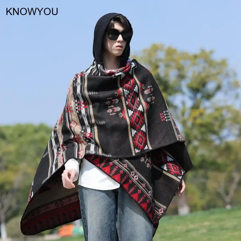 Men Autumn Winter Thickened Pashmina Print Cloak Artificial Cashmere National Style Travel Shawl Scarf Male Ponchos Capes - Image 2