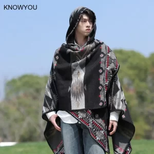 Mens Cloak Cashew Flower Hooded Scarf Vintage Ethic Style Jacket Imitation Cashmere Shawl Women's Outerwear Pashmina Ponchos