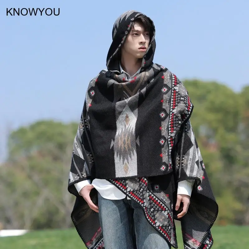 Mens Cloak Cashew Flower Hooded Scarf Vintage Ethic Style Jacket Imitation Cashmere Shawl Women's Outerwear Pashmina Ponchos