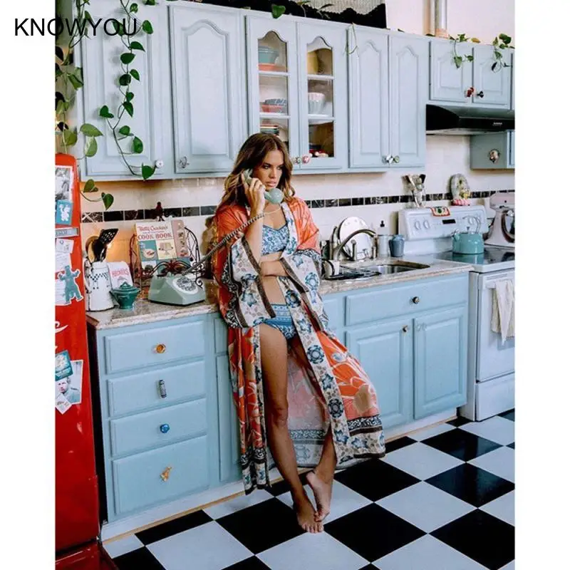 Women Bikini Cover-Ups Bohemian Printed Bikini Robe Print Crane Long Kimono Dress Beach Tunic Thin Sunscreen Cover Up - Image 4