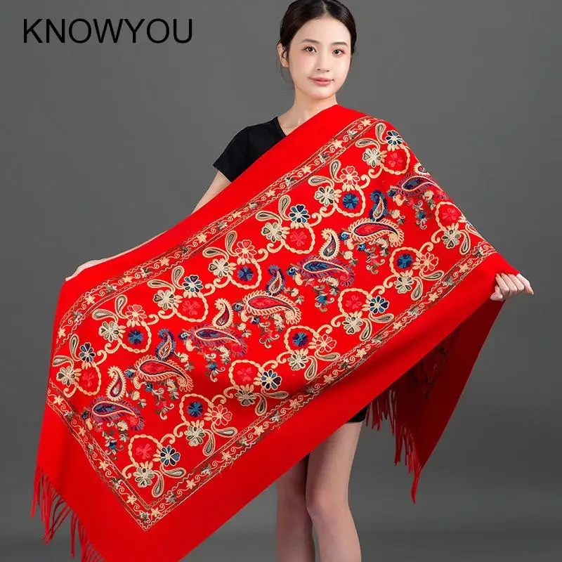 New Autumn 200*70Cm Winter Cashmere Pashmina Femme Embroidery Shawl Bufanda Travel Reversible Long Scarf Thick Warm Scarves Wrap - Image 4