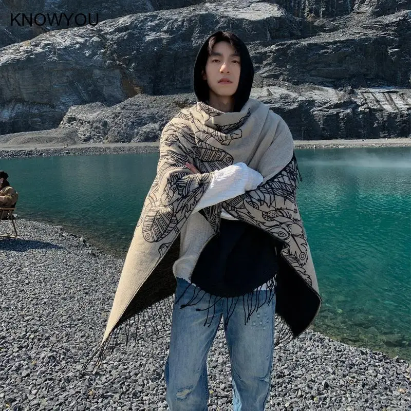 Vintage Tassel Cape Coat Fringe Poncho Men Coat Bohemian Shawl Scarf Warm Cashmere Blend Pashmina Print Capes Bigsize Shawl - Image 4