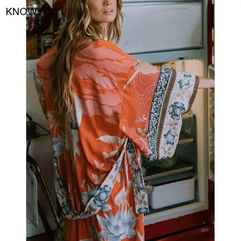 Women Bikini Cover-Ups Bohemian Printed Bikini Robe Print Crane Long Kimono Dress Beach Tunic Thin Sunscreen Cover Up - Image 2