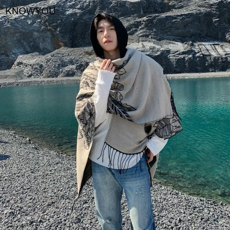 Vintage Tassel Cape Coat Fringe Poncho Men Coat Bohemian Shawl Scarf Warm Cashmere Blend Pashmina Print Capes Bigsize Shawl - Image 3