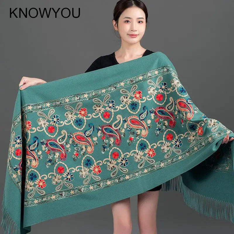 New Autumn 200*70Cm Winter Cashmere Pashmina Femme Embroidery Shawl Bufanda Travel Reversible Long Scarf Thick Warm Scarves Wrap - Image 3
