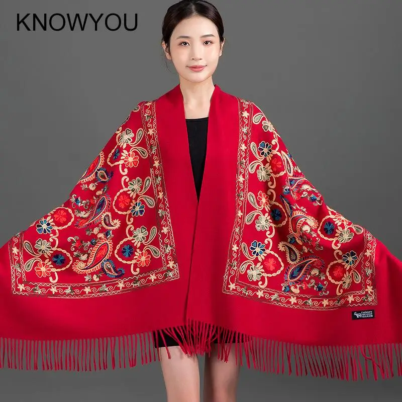 New Autumn 200*70Cm Winter Cashmere Pashmina Femme Embroidery Shawl Bufanda Travel Reversible Long Scarf Thick Warm Scarves Wrap - Image 5