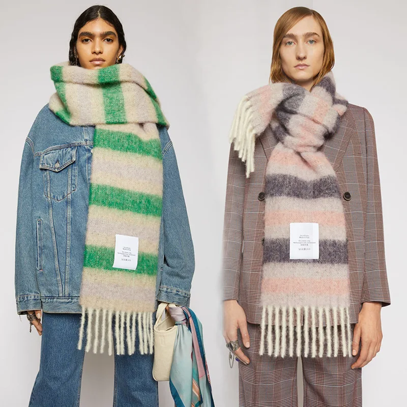 Women Rainbow Stripe Pashmina Versatile Cashmere Blend Chal Shawls Thick Warm Mujer Bufanda Ultra Long Muffler Tassel Wraps