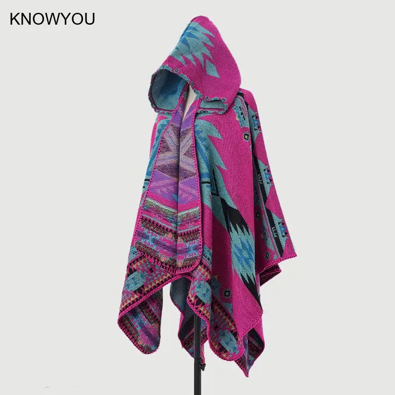 Mens Cloak Cashew Flower Hooded Scarf Vintage Ethic Style Jacket Imitation Cashmere Shawl Women's Outerwear Pashmina Ponchos - Image 5