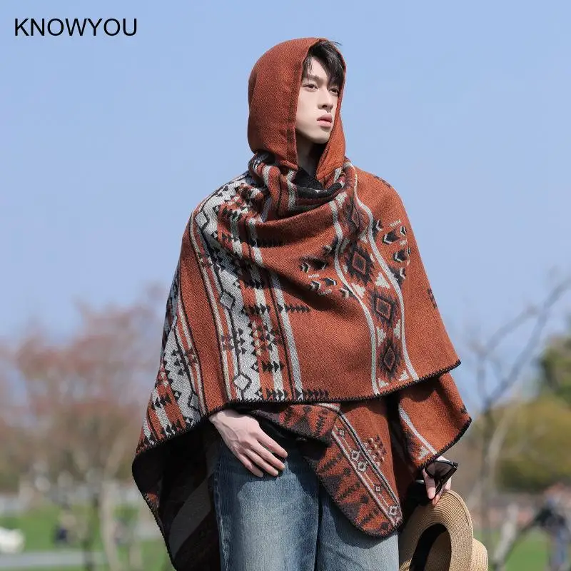 Men Autumn Winter Thickened Pashmina Print Cloak Artificial Cashmere National Style Travel Shawl Scarf Male Ponchos Capes - Image 4