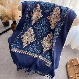 Navy Blue Scarf Print Flower Bufanda Mujer Cashmere Blend Tassels Scarves Women Oversize Shawls Echarpes Soft Chal Mantilla Wrap