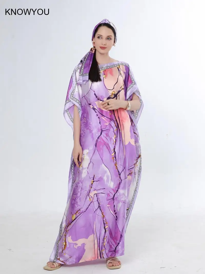 2Pc Faux Silk Loose Beach Cover Up Lady Beach Accessories Graffiti Printed African Dresses Kimono Robe Muslim Hijab Kaftan Abaya - Image 3